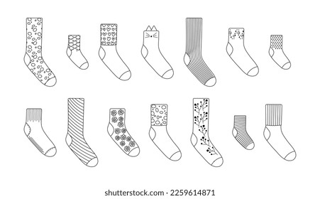 Set of doodle line socks. Wool, cotton warm accessories with modern patterns. Unisex clothes. Black outline with editable stroke vector illustration
