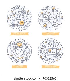 Set of doodle line vector illustration concepts of generating, managing and processing new ideas. Concepts of innovation and success