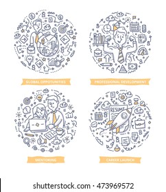 Set of doodle line vector illustration concepts of career growth, professional development, building competitive career skills, setting career goals and leadership in business