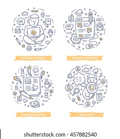 Set of doodle line vector illustrations of creating and posting quality content. Set of networking and blogging icons