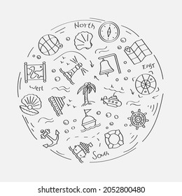 Set of doodle linear icons. Submarine, lifebuoy, buoy on waves, compass, map, shell, boat wheel, lighthouse, ship, anchor. Linear vector set