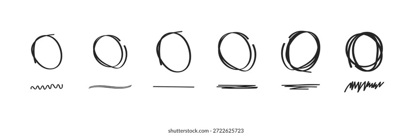 Conjunto de líneas Doodle círculos. Resaltar marcos ovalados, flechas de marcador, líneas de subrayado dibujadas a mano. Conjunto de círculo de garabato dibujado a mano. Plantilla de líneas óvalos y elipses. Ilustración vectorial de stock.
