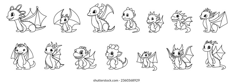 Set of doodle little dragons. Hand drawn collection of cute baby dragons. Vector illustration.