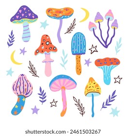 Set of doodle magic mushrooms. Vector illustration of fairy cartoon mushrooms, stars and plants in boho style.