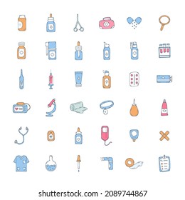 Set of doodle Medical Icons Stickers. Vector Illustration.