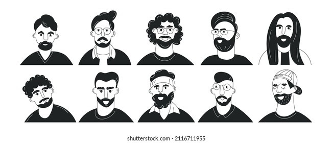 Set of doodle men face avatars with mustache and beard. Collection of trendy hipster guy portrait. Black and white flat vector illustration isolated on white background. Fashion bearded man faces