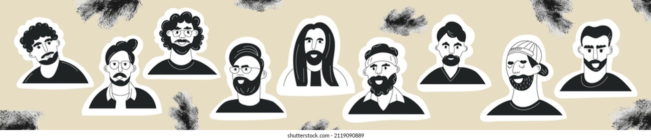 Conjunto de hombres garabatos enfrentan avatares con bigote y pegatina de barba. Grunge colección de retratos de hipster de moda. Banner o plantilla de ilustración de vector plano en blanco y negro. Caras de hombre barbudo de moda