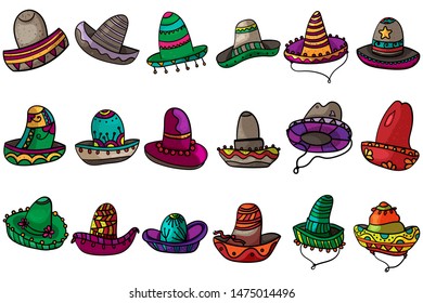 Set of doodle mexican hats sombrero. The culture of Mexico. Cinco de mayo. - Vector. Vector illustration