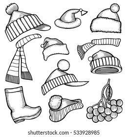 Set Doodle Monochrome Christmas Hats Scarf Stock Vector (Royalty Free ...