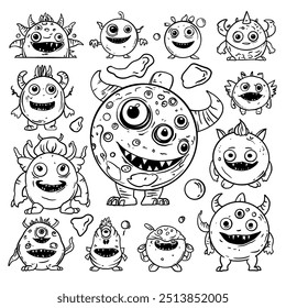 Definir coleção de bolhas de monstro doodle, Ícone de Monstro. Alien engraçado. Doodle monstro. Ilustração vetorial