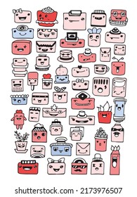 Set of doodle monsters by hand drawn, pink and violet cute decorative aliens, pastel cartoon drawing vector