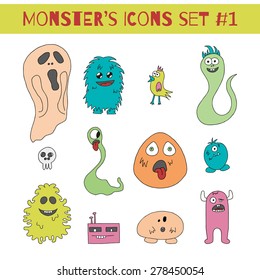 Set of doodle monsters icons in bright colors.