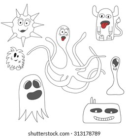 Set of doodle monsters icons in white and black colors