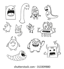 Set Doodle Monsters Icons White Black Stock Vector (Royalty Free ...