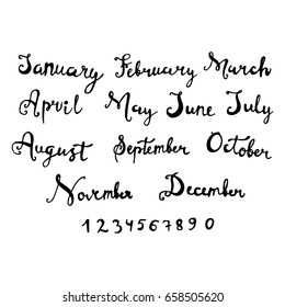 Set doodle of the month. Name months of the year written by hand. The concept of decorated leasing. Vector illustration