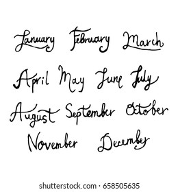 Set doodle of the month. Name months of the year written by hand. The concept of decorated leasing. Vector illustration