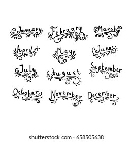 Set doodle of the month. Name months of the year written by hand. The concept of decorated leasing. Vector illustration