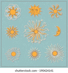Set of doodle moon and different suns on turquoise background