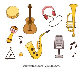 Conjunto De Instrumentos Musicales De Doodle Y Artículos Musicales. Tambourine, Maraca, Guitarra y Micrófono. Trumpet, Saxofón O Auriculares, Notas Y Equipo Triángulo Aislado. Ilustración del vector de dibujos animados