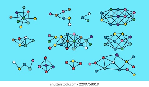 Conjunto de formas de red neuronal doodle. Formas de plexo para el concepto científico. La mano dibujó elementos científicos. Puntos conectados por líneas. Cerebro artificial. Redes neuronales simples. Ilustración del vector