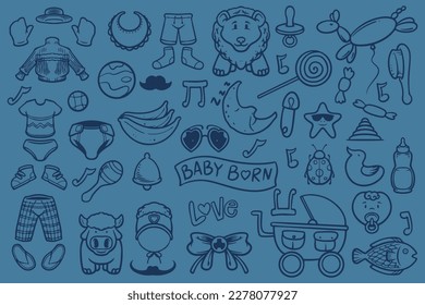 Set of doodle new baby born drawing isolated on blue background.