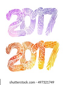 Set of doodle numbers 2017 with boho pattern and watercolor background with splashes. Vector element for your creativity