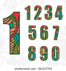 Set of doodle numbers with abstract pattern. Vector illustration.