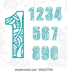 Set of doodle numbers with abstract pattern. Vector illustration.