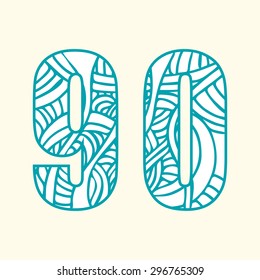 Set of doodle numbers including two numbers with abstract pattern on them. Numbers nine and zero.