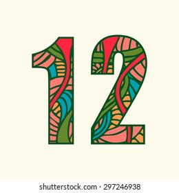 Set of doodle numbers including two numbers with abstract pattern on them. Numbers one and two.