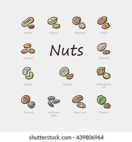 Set of doodle nuts icons.