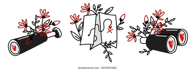 A set of doodle objects for finding love binoculars, a map all in colors. Doodle search items with hearts for Valentine's Day. Find love with the help of a card. Black white Red