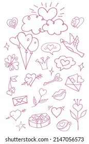 A set of doodle objects for lovers and Valentine's Day. Sketchy hand drawn doodle cute cartoon elements isolated on white background