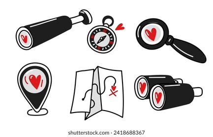 Set of doodle objects for searching for love, a magnifying glass, binoculars, a map, a compass in dark colors. Search items with hearts for Valentine's Day. Find love with the help of a card Black Red