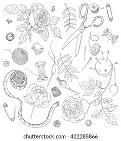 Set of doodle objects for sewing, handicraft. Sewing tools and sewing kit,sewing equipment, needle, sewing pin and beautiful flowers, Vector