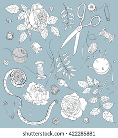 Set of doodle objects for sewing, handicraft. Sewing tools and sewing kit,sewing equipment, needle, sewing pin and beautiful flowers, Vector