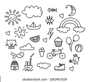 Set aus Doodle auf Papierhintergrund. schwarz-weißer Umriss