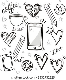 Set of doodle on paper background.Coffee , smart phone,donuts,pencil,heart  and elements