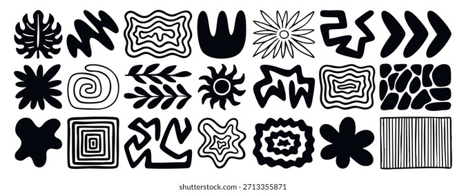 Un conjunto de Elementos orgánicos doodle, hojas, líneas suaves dibujadas a mano, flores, Formas abstractas motivos naturales, el sol, piedras Ilustración vectorial de colección.