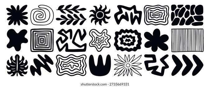 A set of doodle organic elements, leaves, hand drawn smooth lines, flowers, abstract shapes natural motifs, the sun, stones collection Vector illustration.