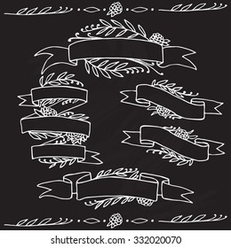 Set of doodle ornate floral ribbons, vector retro banners with flower