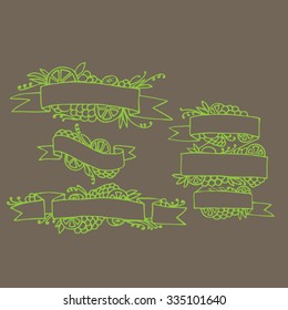 Set of doodle ornate fruit ribbons, vector retro banners with fruits