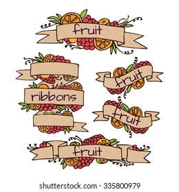Set of doodle ornate fruit ribbons, vector retro banners with fruits