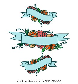 Set of doodle ornate fruit ribbons, vector retro banners with fruits