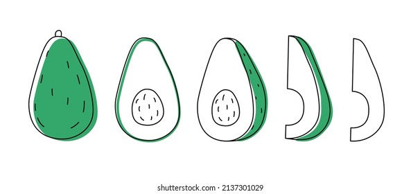 Set of doodle outline avocado with spots. Whole and pieces. Vector illustration for packing