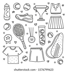 Set of doodle outline big tennis and sport items, equipment, clothes isolated on white background.