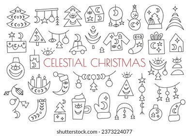 Set of doodle outline celestial Christmas icons with crescent moon, third eye and stars isolated on white background. Magical New year elements.