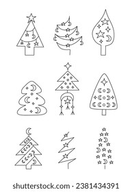 Set of doodle outline celestial fir trees with moon and stars isolated on white background.
