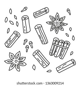 Set of doodle outline cinnamon sticks, seeds and stars isolated on white background.