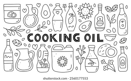 Set of doodle outline cooking oil in glass and plastic packages isolated on white background. Sunflower, rapeseed, coconut, avocado oil bottles. Healthy nutrition concept. Vegetable fats.